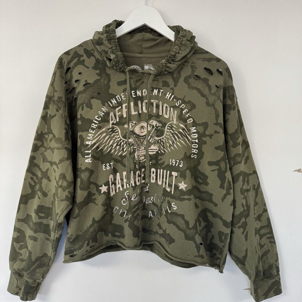 Affliction Garage Built Crop Camo Distressed Hoodie Sweater Cut Outs XL EUC - Picture 2 of 11